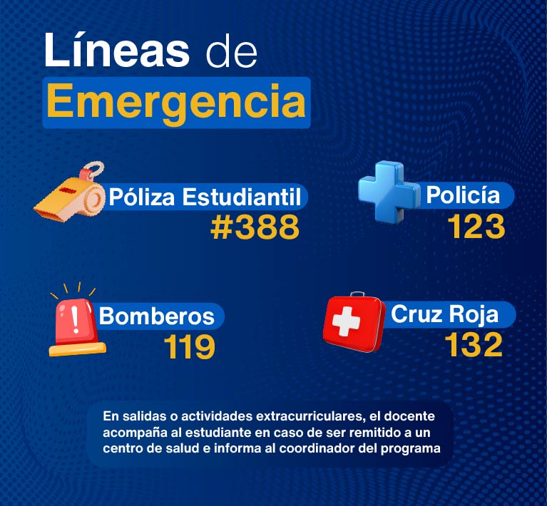 Lineas de Emergencia Poliza Estudiantil #388, Policia 123, bomberos 119, cruz roja 132